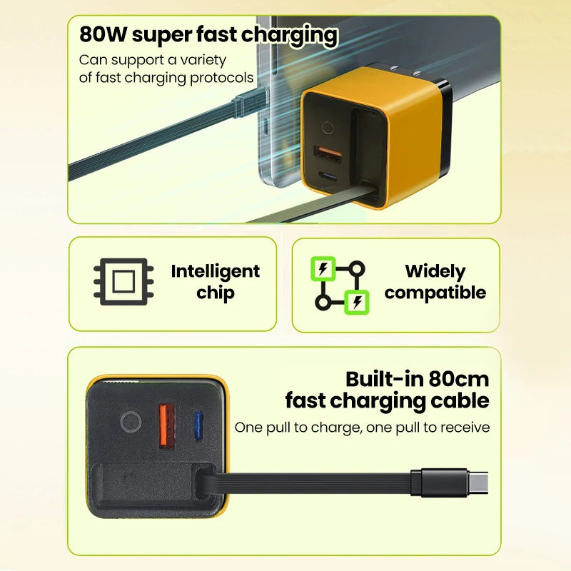 80W GaN Retractable Fast Charger