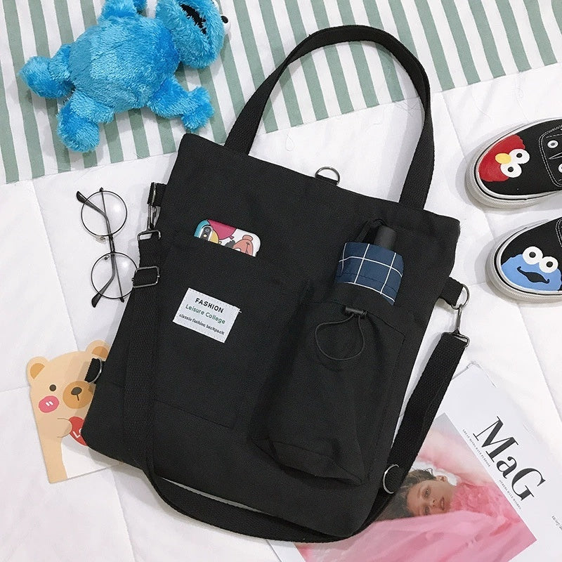 Harajuku Canvas Bags Students Handbag With Pockets Shoulder Bag For Women