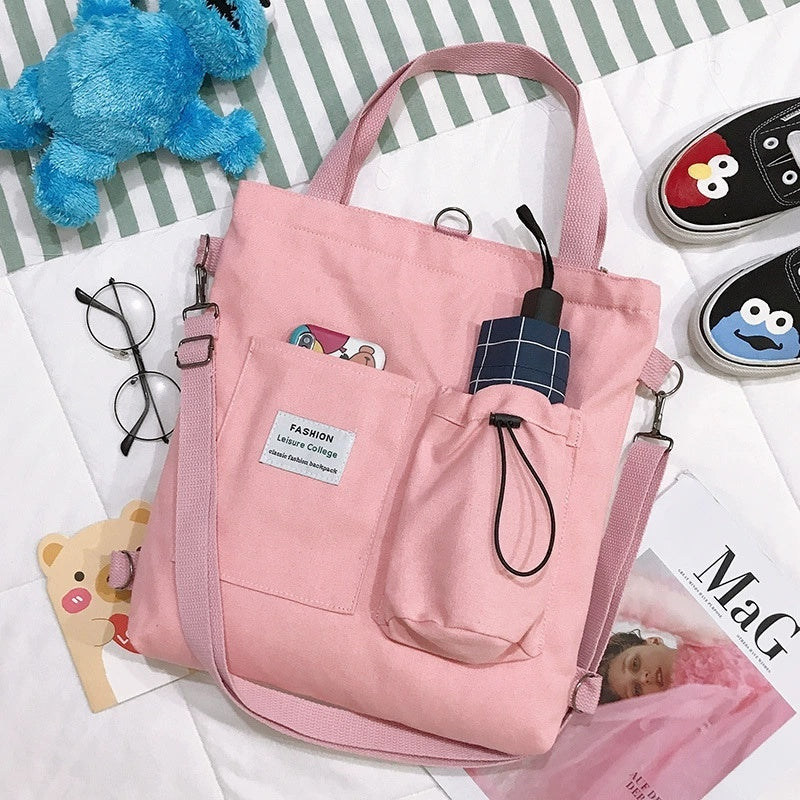 Harajuku Canvas Bags Students Handbag With Pockets Shoulder Bag For Women