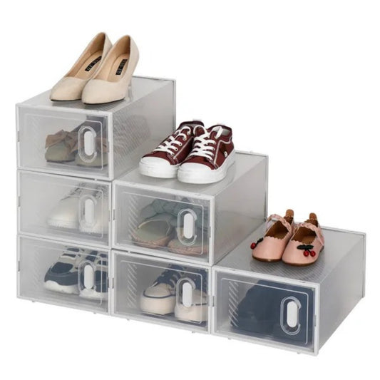 Shoe Storage Boxes 6 Pack Clear Plastic Stackable White- up to size 10